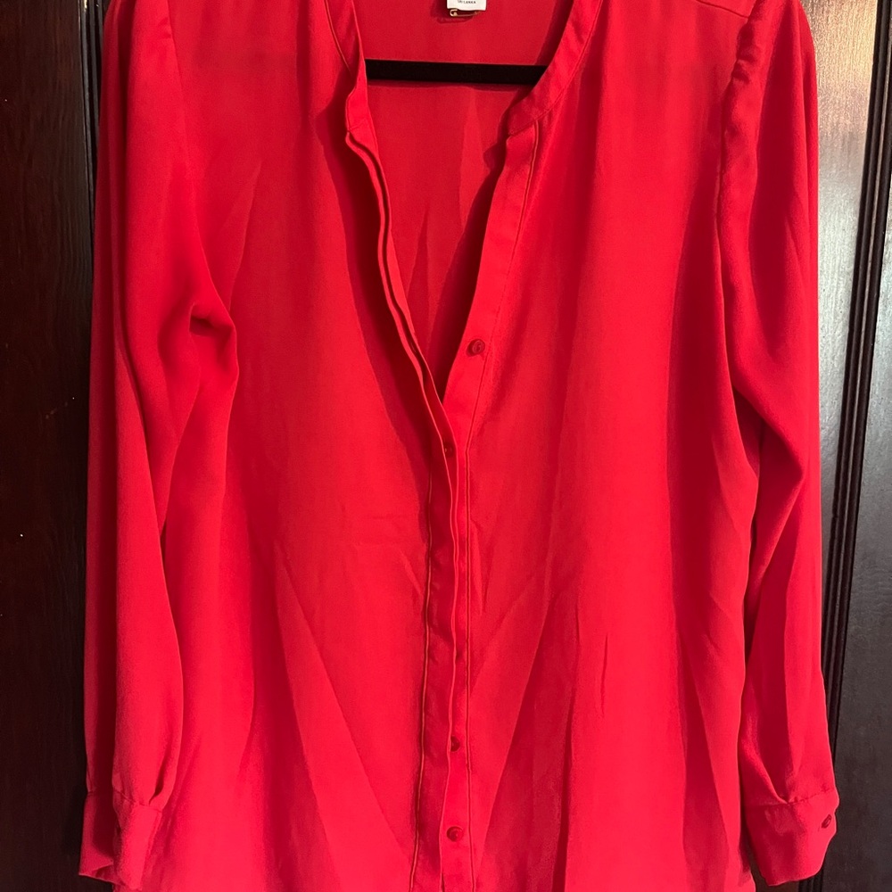 Adrienne Vittadini Red Mandarin Collar Button Down Shirt